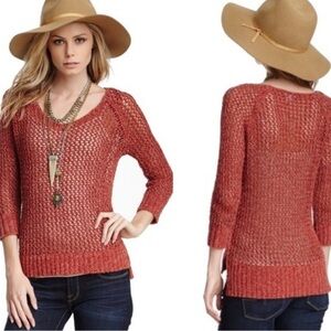 LUCKY BRAND Crochet Open Knit 3/4 Sleeve Pullover Sweater XS Rust Red Y2K